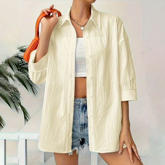 EchfiProm Womens 3/4 Sleeve Tops Button down Lapel Shirts Casual Elegant Beige Pullover Collared Solid for Ladies