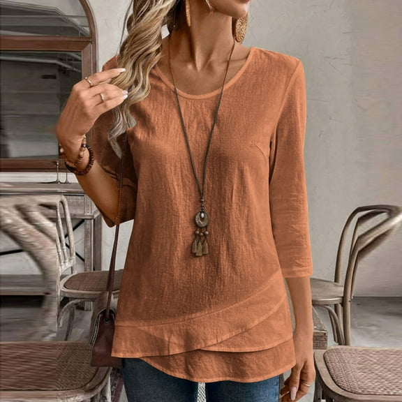 EchfiProm Womens 3/4 Sleeve Tops Crew Neck Fall Shirts Coffee Loose Blouse Ruffle Hem for Ladies Solid
