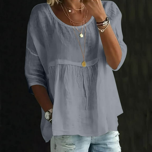 EchfiProm Womens 3/4 Sleeve Tops Crew Neck Shirts Fall Solid Loose Blouse for Women Gray