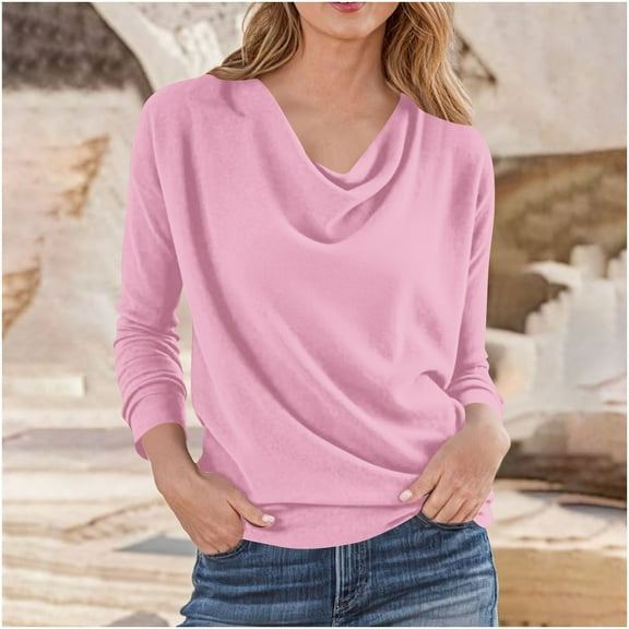 EchfiProm Womens Basic Tops Pink Shirts Long Sleeve Cowl Neck Pullover Casual for Ladies Solid