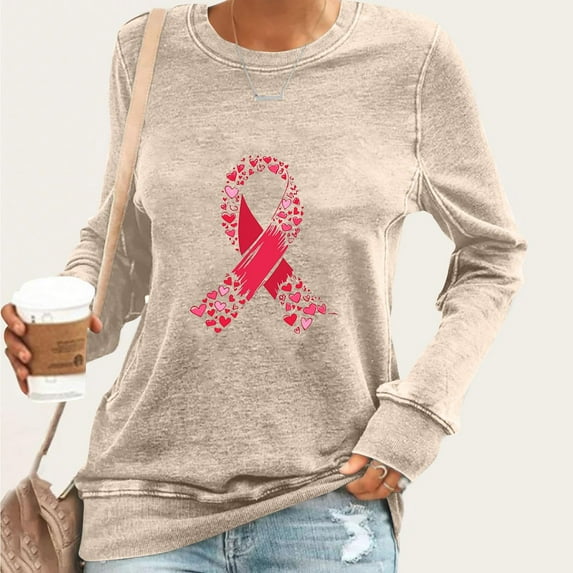 EchfiProm Womens Beige Tops Pullover Long Sleeve Breast Cancer Relaxed Fit T-Shirt for Ladies Casual