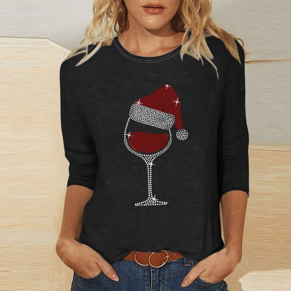 EchfiProm Womens Black T-Shirts Graphic Tops 3/4 Sleeve Crew Neck Relaxed Fit Pullover Fall for Ladies