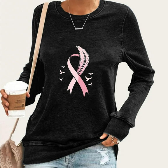 EchfiProm Womens Black Tops Pullover Casual Breast Cancer Crew Neck Relaxed Fit Long Sleeve T-Shirt for Ladies
