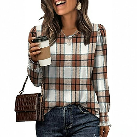 EchfiProm Womens Brown Tops T-Shirts Crew Neck Casual Pullover Plaid Puff Sleeve for Ladies