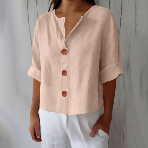 EchfiProm Womens Button down Tops 3/4 Sleeve V-Neck Shirts Winter Pink Blouse Cotton Linen Loose Solid for Women