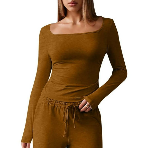 EchfiProm Womens Casual T-Shirts Basic Square Neck Tops Brown Pullover Long Sleeve Slim Solid for Women