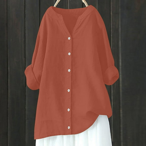 EchfiProm Womens Casual Tops Button down Cotton Linen Shirts Long Sleeve Loose Blouse Solid for Ladies Brown