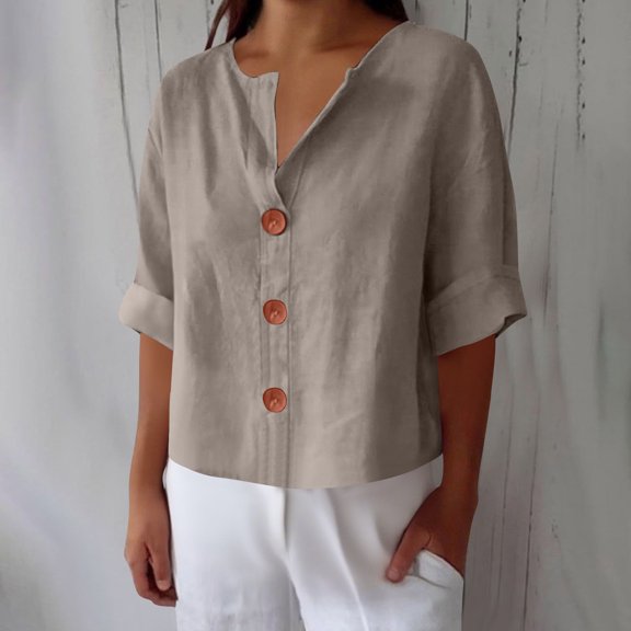 EchfiProm Womens Casual Tops Cotton Linen V-Neck Shirts Khaki 3/4 Sleeve Button down Solid Blouse Loose for Women