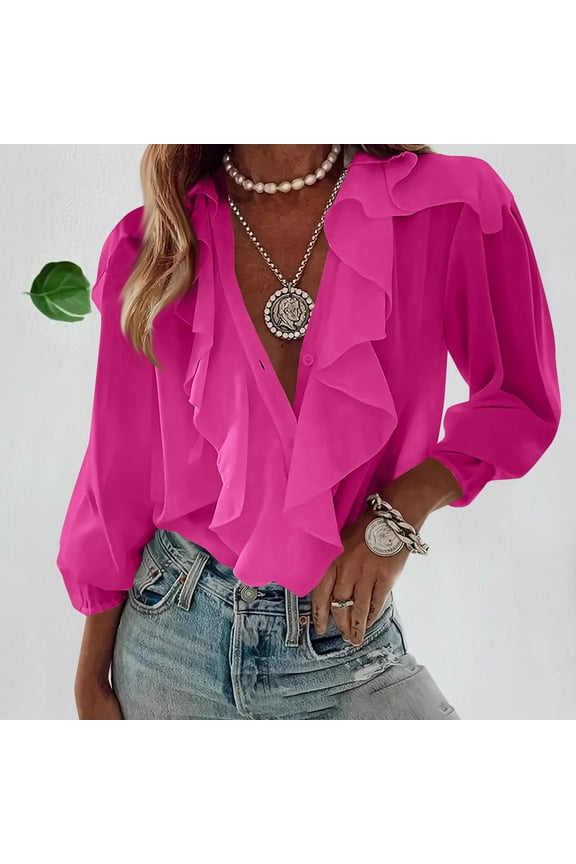 Womens Chiffon Tops Fall Hot Pink Trendy V Neck Solid Loose Long Sleeve Ruffle Blouse