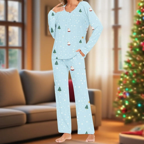 EchfiProm Womens Christmas Pajamas One Sets Sleepwear Pants and Long Sleeve Xmas Cozy Funny Light Blue Lounge Sets for Ladies