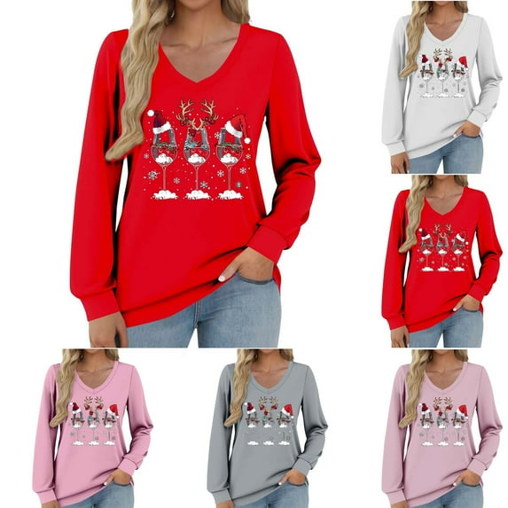 EchfiProm Womens Christmas Shirts Long Sleeve Dressy Casual Merry Christmas Graphic V Neck Dark Gray Xmas T Shirts for Female