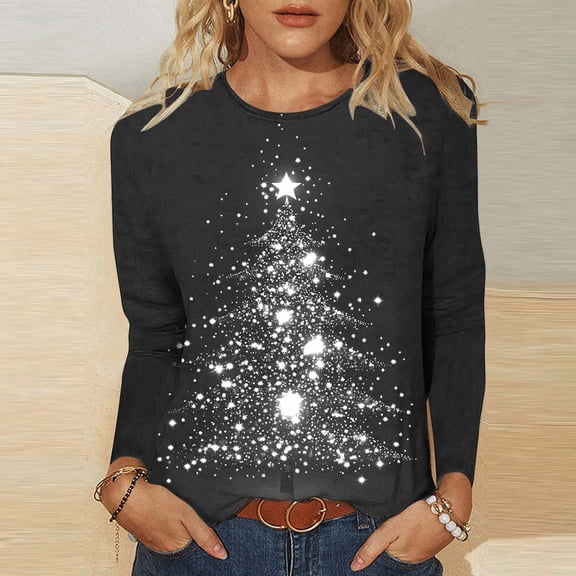 EchfiProm Womens Christmas Shirts Plus Size Long Sleeve Holiday Casual Merry and Bright Crew Neck T Shirts for Ladies Xmas