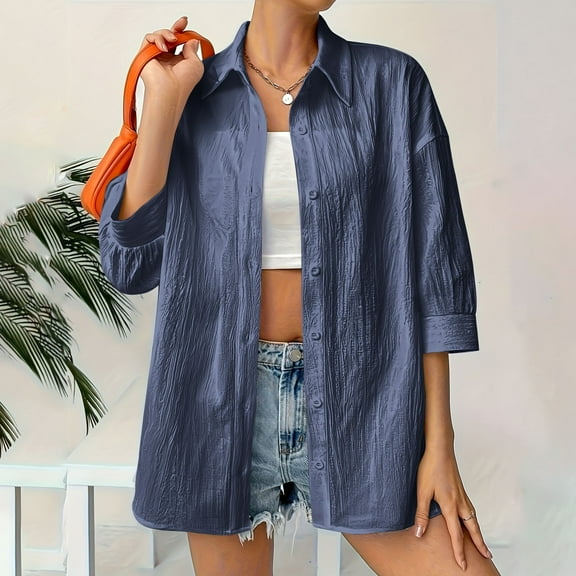 EchfiProm Womens Collared Tops Lapel 3/4 Sleeve Shirts Button down Winter Pullover Solid for Women Elegant