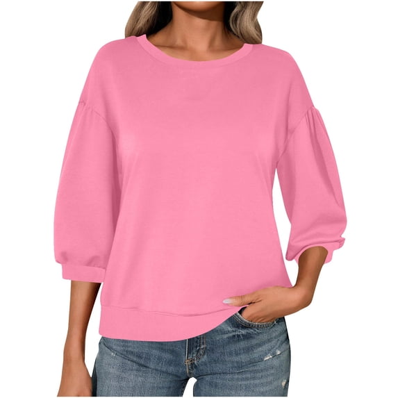 EchfiProm Womens Crew Neck Sweatshirts Basic 3/4 Sleeve Tops Pink Pullover Solid Loose for Women