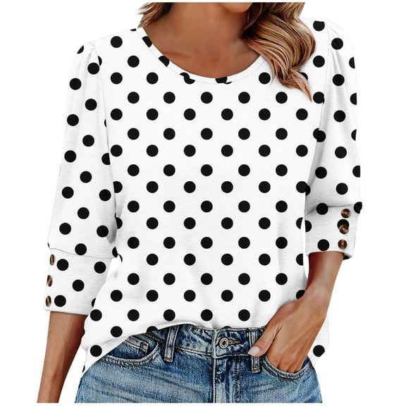 EchfiProm Womens Crew Neck T-Shirts Relaxed Fit Tops White 3/4 Sleeve Polka Dot Pullover Casual for Ladies
