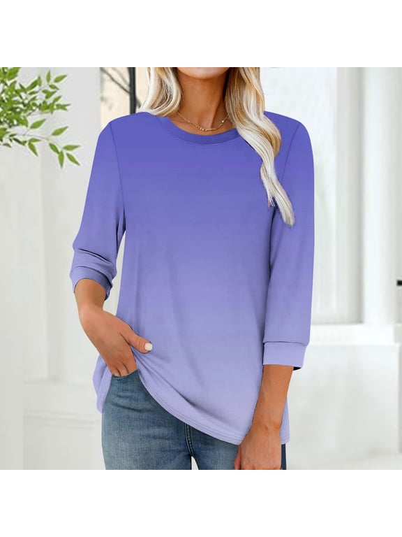 Womens Crew Neck Tops 3/4 Sleeve T-Shirts Blue Pullover Fall Dressy Casual Gradient for Women