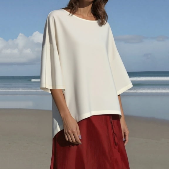 EchfiProm Womens Crew Neck Tops Plus Size 3/4 Sleeve Shirts Fall Blouse Beige Loose for Women Solid