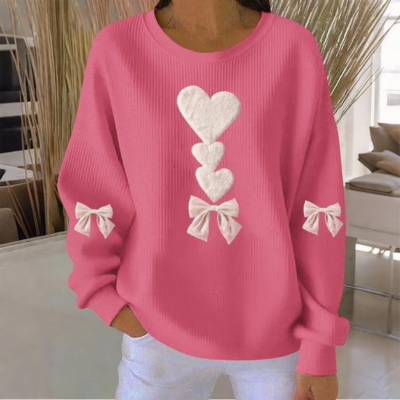 EchfiProm Womens Crewneck Sweatshirts Graphic Pullover Valentine Valentine Day Ribbed Heart Oversized Shirs for Women Hot Pink