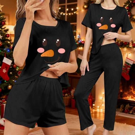 EchfiProm Womens Cute Christmas Pajamas 3 Piece Set Loungewear Comfy Short Sleeve Long Pants Black Pjs Set for Women Festive