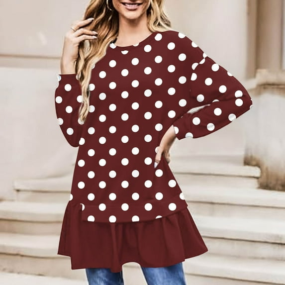 EchfiProm Womens Dress Hem Tops Long Sleeve Fall Shirts Loose Crew Neck Tunic Blouse for Womens Red