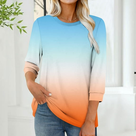 EchfiProm Womens Dressy Casual Tops Orange 3/4 Sleeve T-Shirts Crew Neck Pullover Gradient for Women Trendy