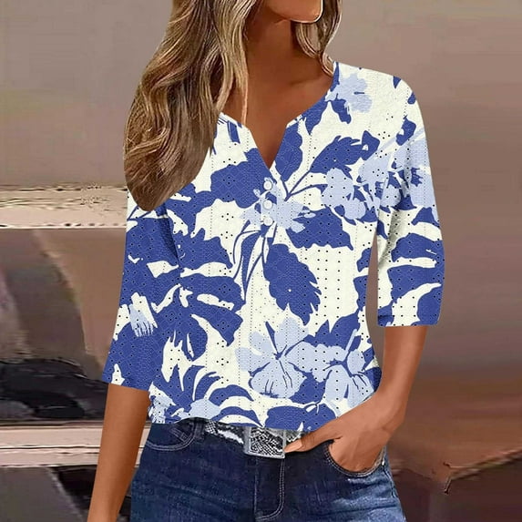 EchfiProm Womens Eyelet T-Shirts Floral Tops Fall V-Neck Relaxed Fit Pullover 3/4 Sleeve Graphic for Ladies