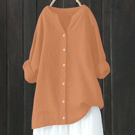 EchfiProm Womens Fall Shirts Cotton Linen Button down Tops Coffee V-Neck Loose Long Sleeve Blouse Solid for Women