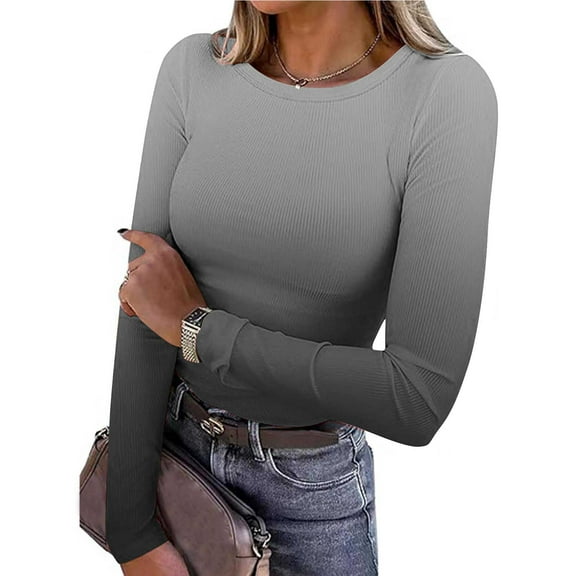EchfiProm Womens Fall T-Shirts Crew Neck Slim Tops Gray Pullover Long Sleeve Gradient for Ladies