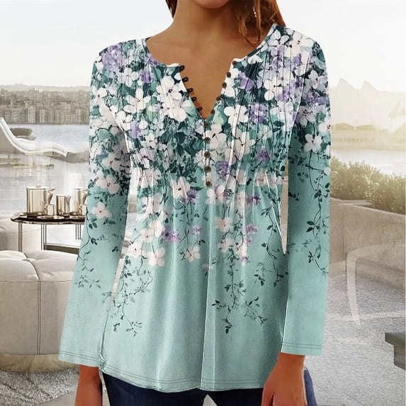 EchfiProm Womens Fall Tops Long Sleeve Loose Shirts Floral Graphic Blouse Pleated for Ladies