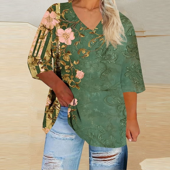 EchfiProm Womens Fall Tops Shirts 3/4 Sleeve Green Plus Size Blouse V-Neck Floral for Ladies Loose