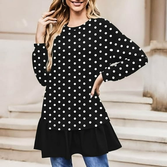 EchfiProm Womens Fall Tops Shirts Long Sleeve Black Polka Dot Crew Neck Dress Hem Tunic Blouse for Womens Loose