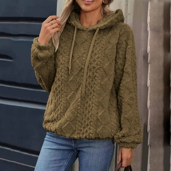 EchfiProm Womens Fleece Tops Loose Casual Hooded Khaki Long Sleeve Hoodie Jacket for Ladies
