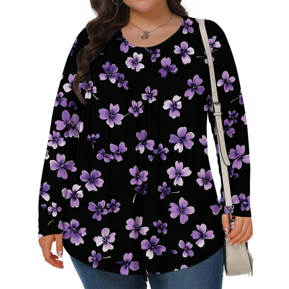 EchfiProm Womens Floral Shirts Long Sleeve Plus Size Tops Loose Blouse Crew Neck for Women Fall