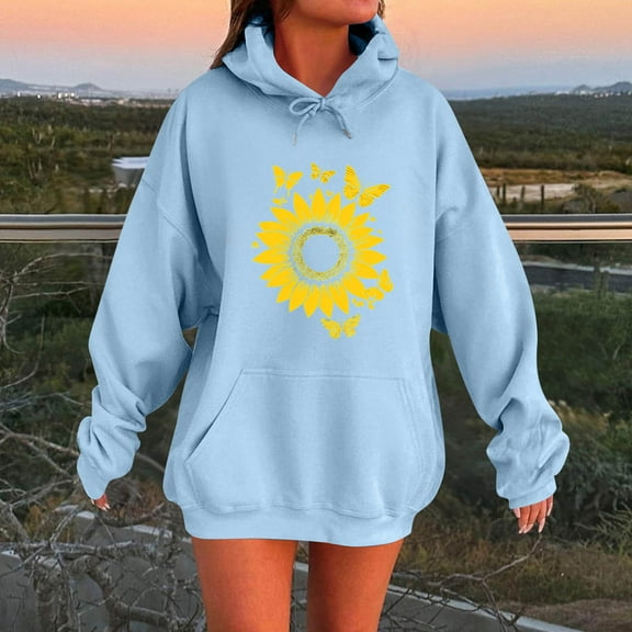 EchfiProm Womens Floral Sweatshirts Blue Pullover Hoodies Trendy Oversized Hooded with Pockets Long Sleeve Tunic Tops for Ladies