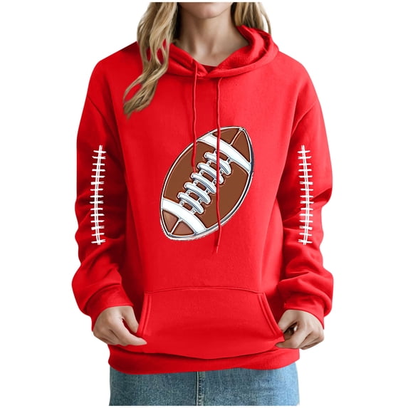 EchfiProm Womens Football Sweatshirt Red Hooded Hoodies with Pockets Casual Pullover Long Sleeve Tops for Ladies