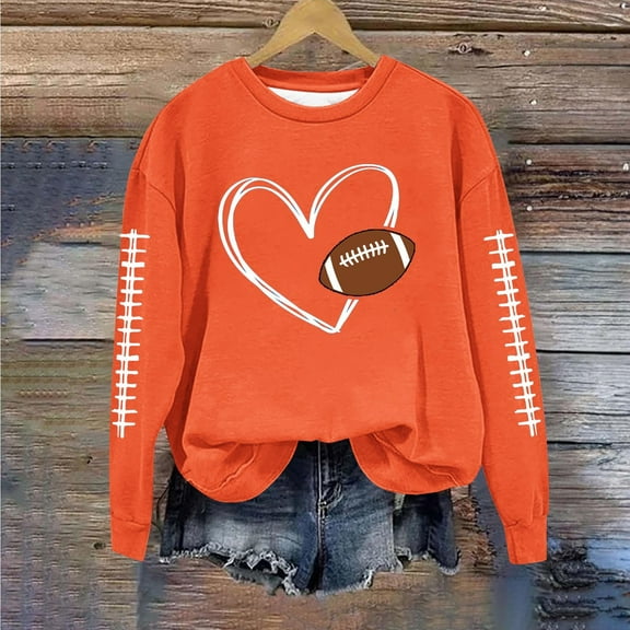 EchfiProm Womens Football Tops Orange Pullover Long Sleeve Winter Crew Neck Loose Sweatshirt for Ladies