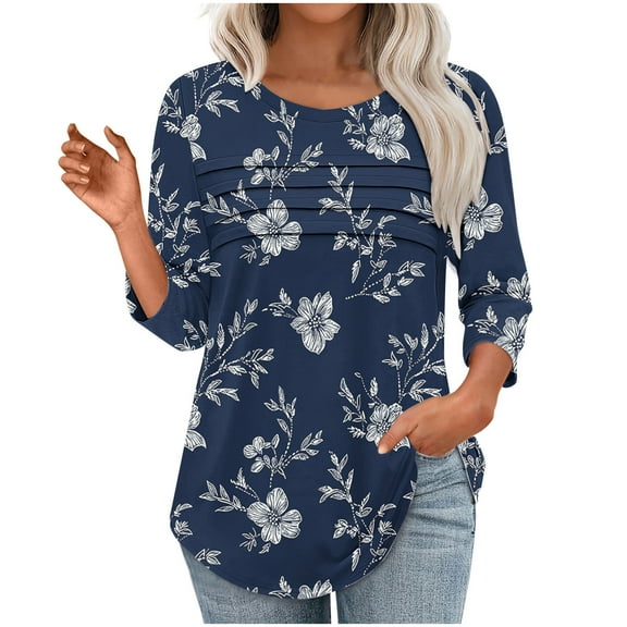 EchfiProm Womens Graphic Tshirts 3/4 Sleeve Blue Pullover Relaxed Fit Floral Crew Neck Dressy Blouse