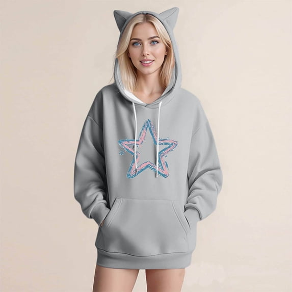 EchfiProm Womens Gray Sweatshirt Pullover Hooded Hoodies with Pockets Fall Long Sleeve Tops for Ladies Graphic