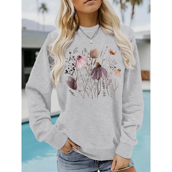 EchfiProm Womens Gray Tops Pullover Fall Floral Loose Crew Neck Sweatshirt for Womens Long Sleeve