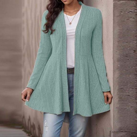 EchfiProm Womens Green Tops V-Neck Long Sleeve Fall Solid Brushed Ribbed Sweater Cardigan for Ladies Loose