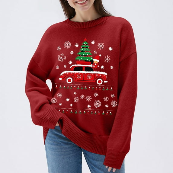 EchfiProm Womens Holiday Sweaters Christmas Red Pullover Crewneck Valentines Long Sleeve Outfits for Women Oversized