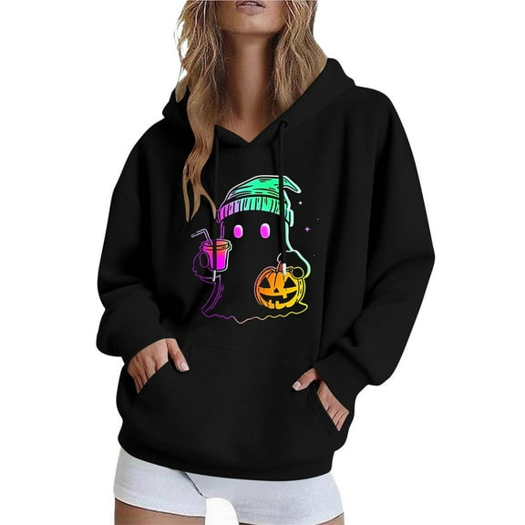 EchfiProm Womens Hooded Sweatshirt Black with Pocket Oversized Cute Ghost Print Pullover Tops for Ladies XL