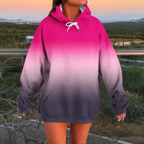 EchfiProm Womens Hooded Sweatshirts Comfy Pink Hoodies Pullover with Pockets Long Sleeve Gradient Tunic Tops for Womem