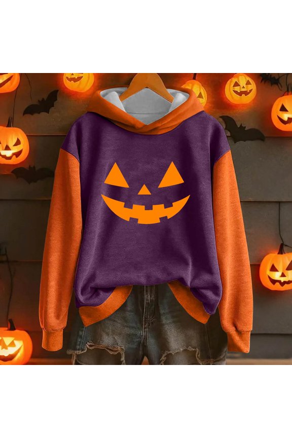 Womens Hooded Sweatshirts Purple Heavyweight Fall Pumpkin Print Tops for Ladies Pullover 2XL