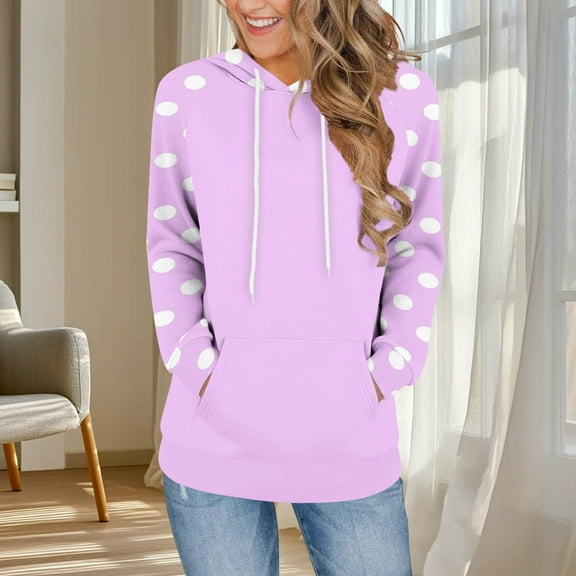 EchfiProm Womens Hooded Sweatshirts Purple Pullover Hoodies Casual Long Sleeve Polka Dot Tops for Ladies with Pockets