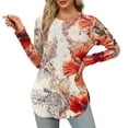 thumbnail image 1 of EchfiProm Womens Khaki Tops Pullover Long Sleeve Y2k Relaxed Fit Floral Crew Neck Slit Hem T-Shirt for Womens, 1 of 8
