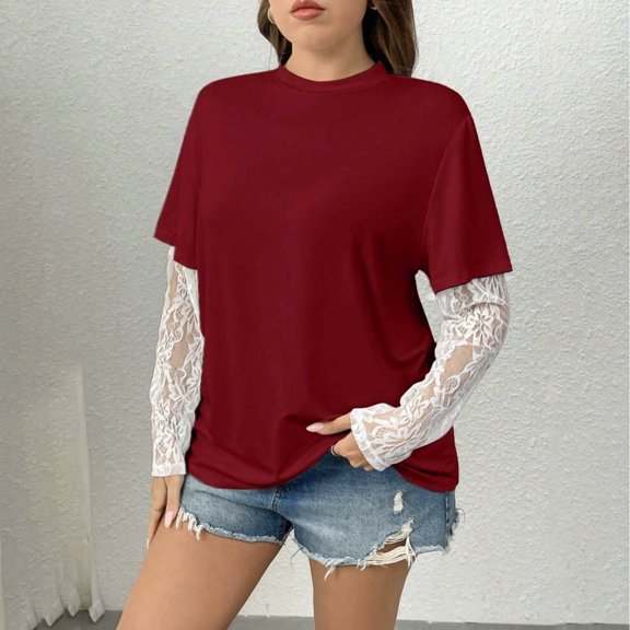 EchfiProm Womens Lace Sleeve Tops Winter Pullover Wine Plain Long Sleeve Crew Neck T-Shirt for Ladies Loose