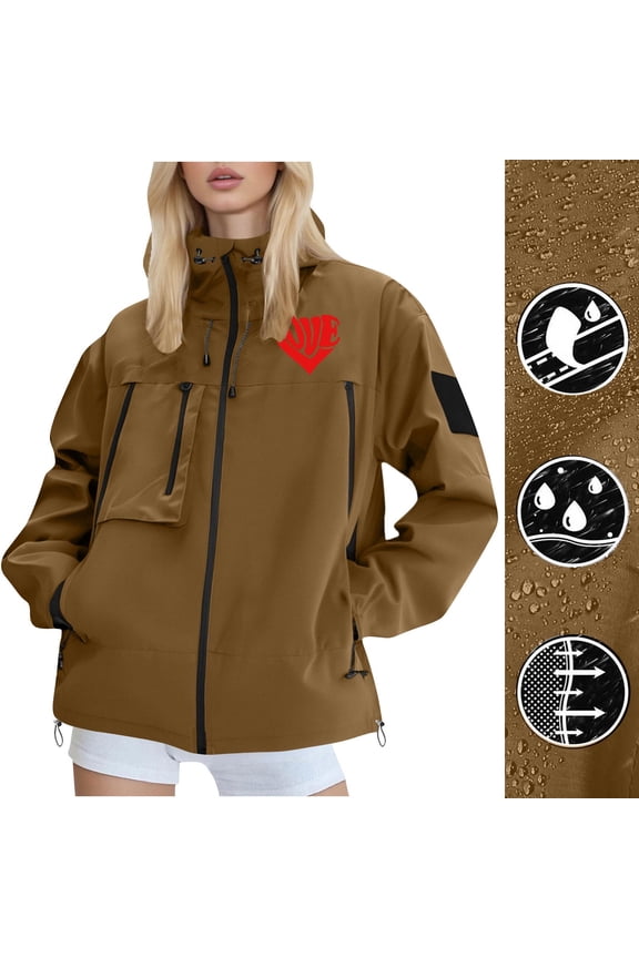 Womens Lightweight Rain Jacket Lightweight Brown Hiking Hooded Multipocket Zip-up Outwear