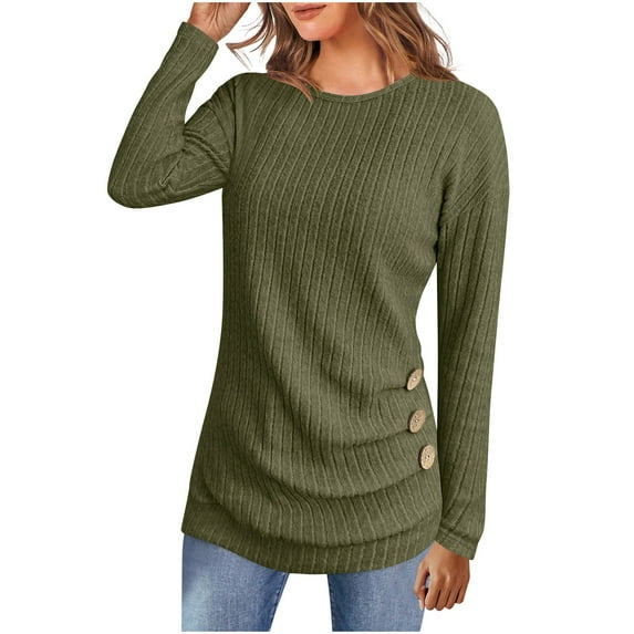 EchfiProm Womens Long Sleeve Shirts Crew Neck Ribbed Tunic Tops Green Winter Pullover Solid for Women