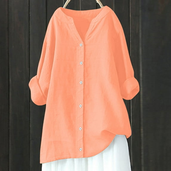 EchfiProm Womens Long Sleeve Shirts V-Neck Pink Tops Cotton Linen Solid Blouse Loose for Women Trendy